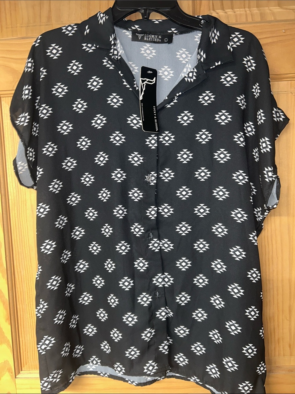 Lucky & Blessed Black and White Aztec Button-Up Blouse